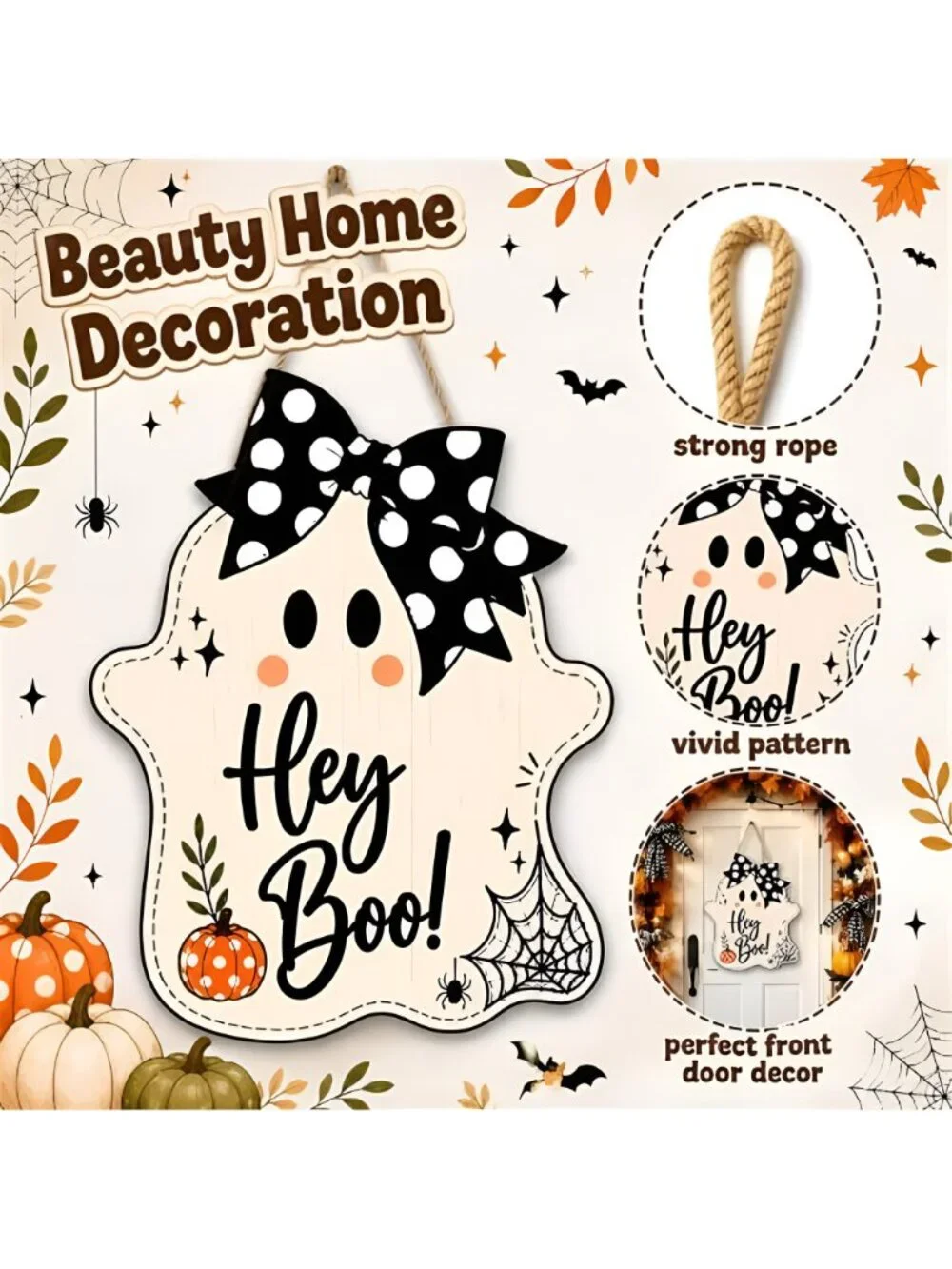 Halloween Party Decorations - Hey Boo Wooden Ghost Sign for Front Door
